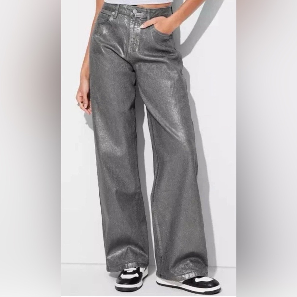 Wild Fable Metallic Gray Painted Jeans Wide Leg High Rise Streetwear Vibe